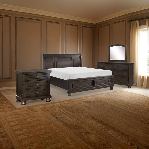 Benjara Oria 4-Piece Dark Brown Wood Queen Size Transitional Style Bedroom Set with Round Knobs ...