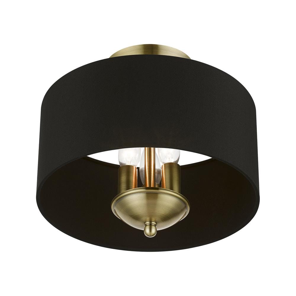 Antique Brass 3-Light Transitional Semi-Flush Mount with Black Fabric Shade