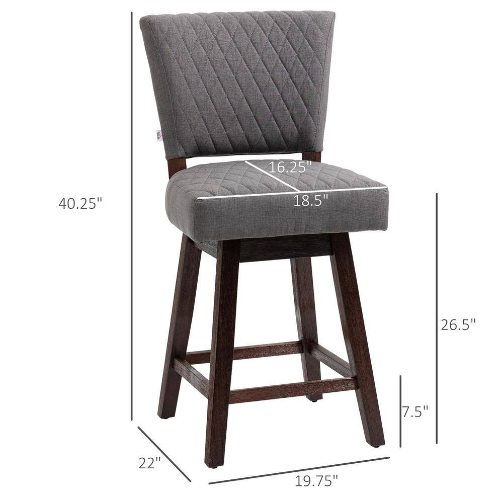 Gray Quilted Swivel Bar Stools with Rubberwood Legs, Set of 2