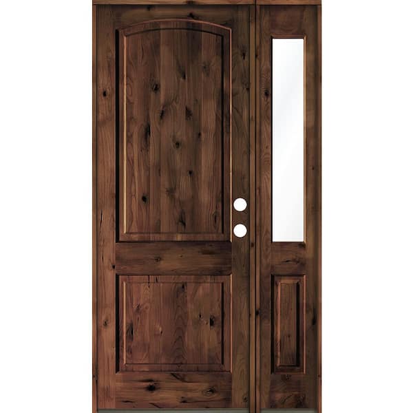 46 in. x 96 in. Knotty Alder 2 Panel Left-Hand/Inswing Clear Glass Red Mahogany Stain Wood Prehung Front Door w/Sidelite