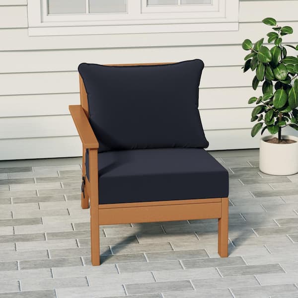 Birchwood Outdoor Patio Deep Seating Left Facing Arm HDPE Lounge Chair in Teak with Navy Blue Cushions
