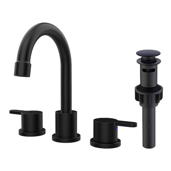 2-Handle 8 in. Widespread  Bathroom Sink Faucet with 360° Swivel Spout and Pop Up Drain Assembly, Matte Black