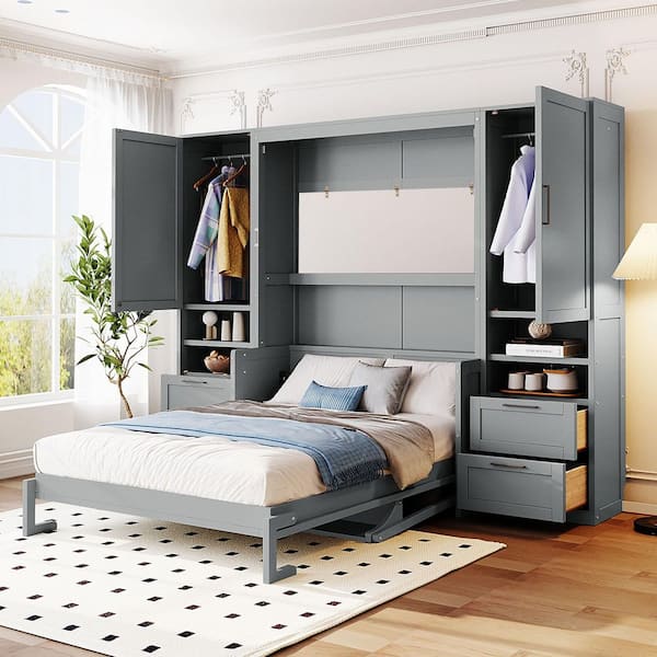 Gray Wood Frame Full Size Murphy Bed with Closet, Drawers and Shelves