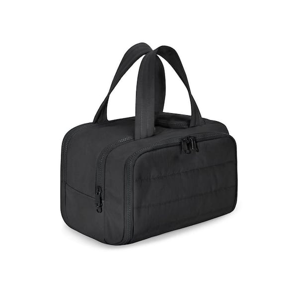 Black Large Wide-open Travel Toiletry Bag with Handle for Women, Puffy Cosmetic Makeup Organizer for Accessories
