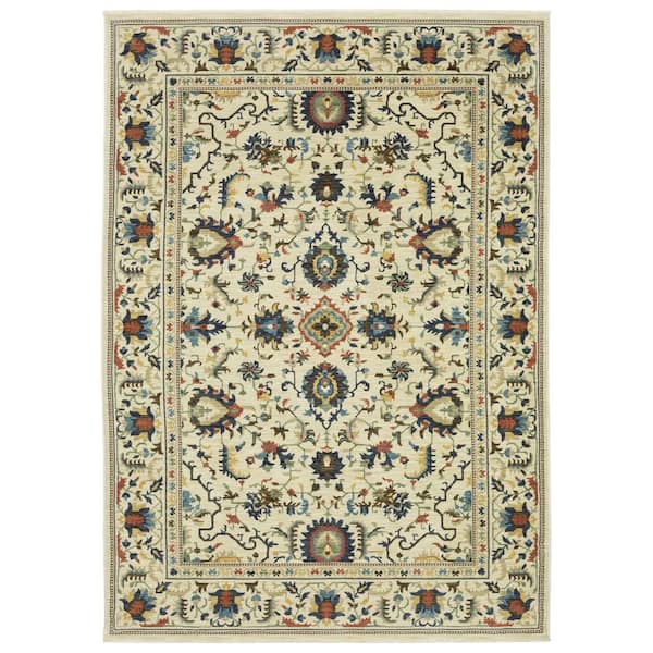 2' X 3' Ivory Blue And Orange Oriental Area Rug With Fringe