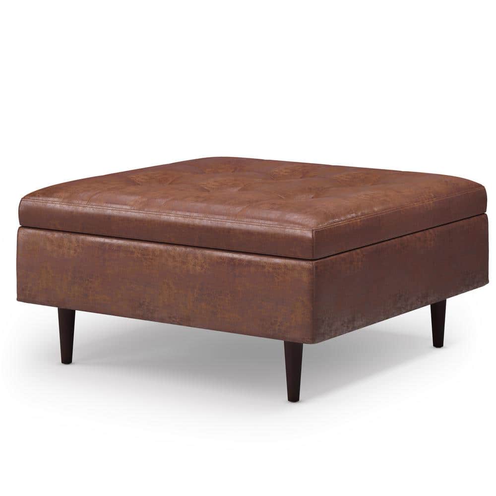 Shay 38" Distressed Saddle Brown Tufted Square Storage Ottoman
