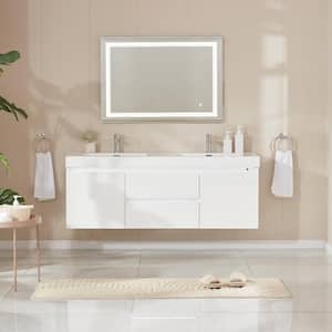 Annecy 60 in. W x 18.5 in. D x 20 in. H Bathroom Wall Hung LED Vanity in White w/ Double Basin Vanity Top in White Resin