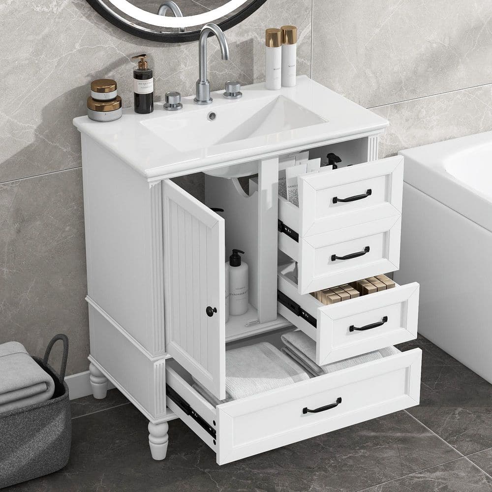 30 in. W x 18.5 in. D x 34.4 in. H Single Sink Freestanding Bath Vanity in White with White Ceramic Top price history on PriceWatchPro
