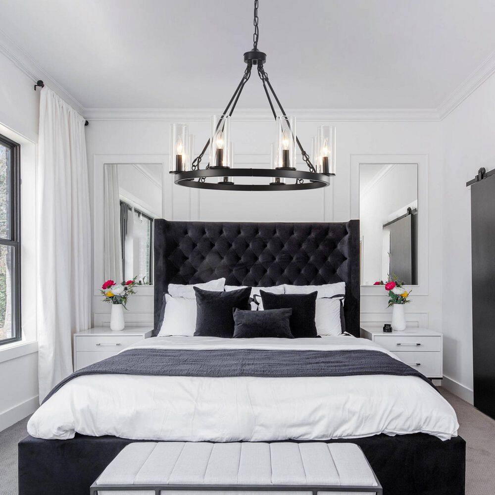 "8 light 25.95"" Black Candle Style Wagon Wheel Chandelier With Glass Shape for Kitchen Island with no bulbs included" price history on PriceWatchPro
