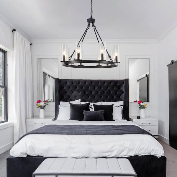 8 light 25.95" Black Candle Style Wagon Wheel Chandelier With Glass Shape for Kitchen Island with no bulbs included