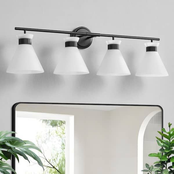 36 in. 4-Light Black Vanity Light with Milk White Glass Shade Modern Bathroom Light Fixture Farmhouse Wall Sconce