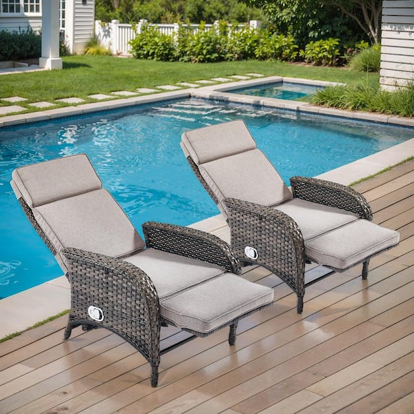 PlainCurve 2-Piece Brown Wicker Outdoor Patio Adjustable Recliner Chair with Beige Cushions