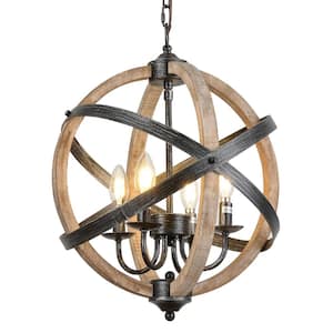 4-Light Wood Brown Global Chandelier for Farmhouse&Dinner Room&Kitchen Island with No Bulbs Included, Adjustable Height