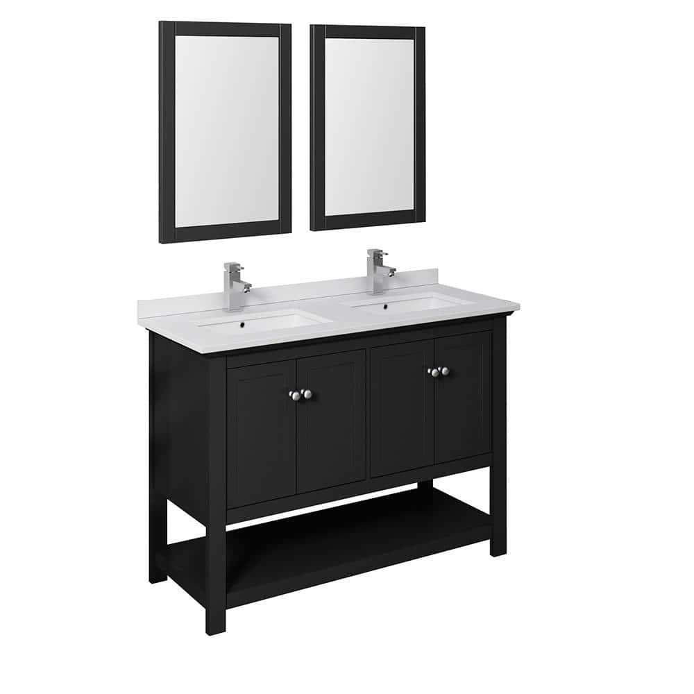 Elegant 48" Black Double Sink Vanity Set with Quartz Top & Mirrors