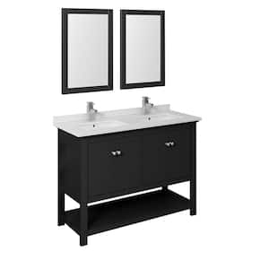 Manchester 48 in. W Bathroom Double Bowl Vanity in Black with Quartz Stone Vanity Top in White with White Basins,Mirrors