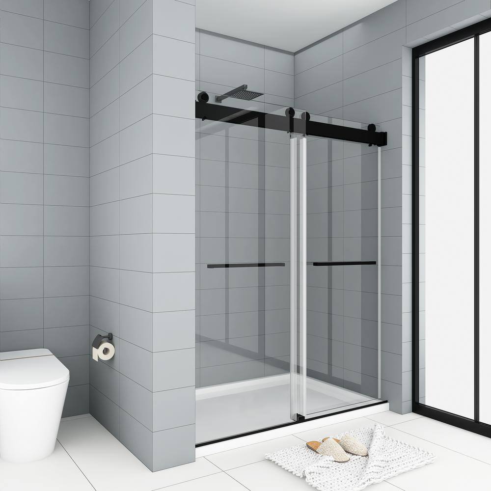 Matte Black Frameless Sliding Shower Door with Clear Tempered Glass