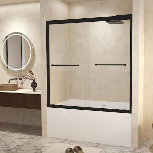 56-60 in. W x 60 in. H Sliding Framed Tub Door in Matte Black Finish with Clear Tempered Glass