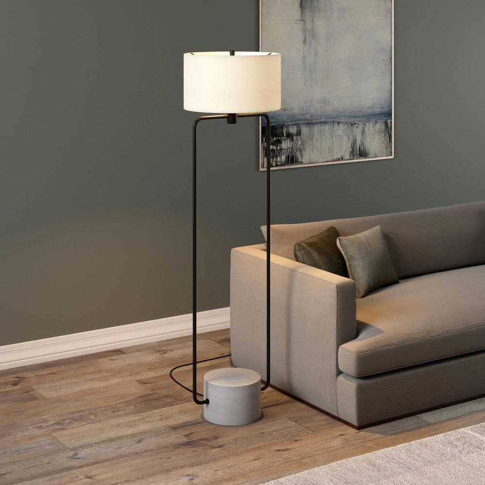 Blackened Bronze and Concrete Adjustable Floor Lamp with White Fabric Shade