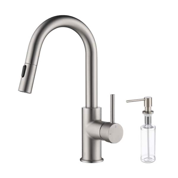 Circular Single Handle Pull Down Kitchen and Bar Sink Faucet with Soap Dispenser-Brushed Nickel