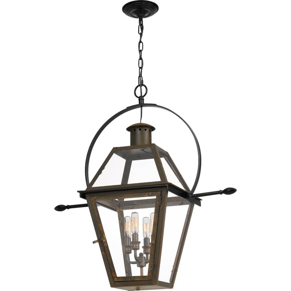 Industrial Bronze Glass 4-Light Indoor/Outdoor Pendant Lantern
