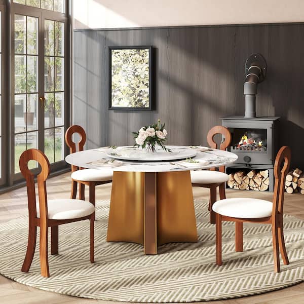 Magic Home 59.0 in. Ink Rotable Lazy Susan Sintered Round Stone Tabletop Gold Pedestal Base Kitchen Dining Table (Seats-8)