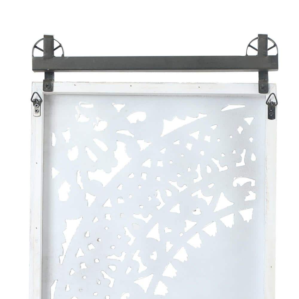 Distressed Ivory White Wood Floral Wall Art Set with Iron Bar