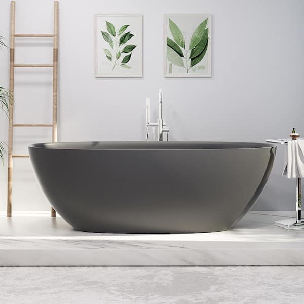 GIVING TREE JUNO 65 in. x 29.5 in. Solid Surface Stone Resin Thin Edge Flatbottom Soaking Non-Whirlpool Bathtub in Matte Gray