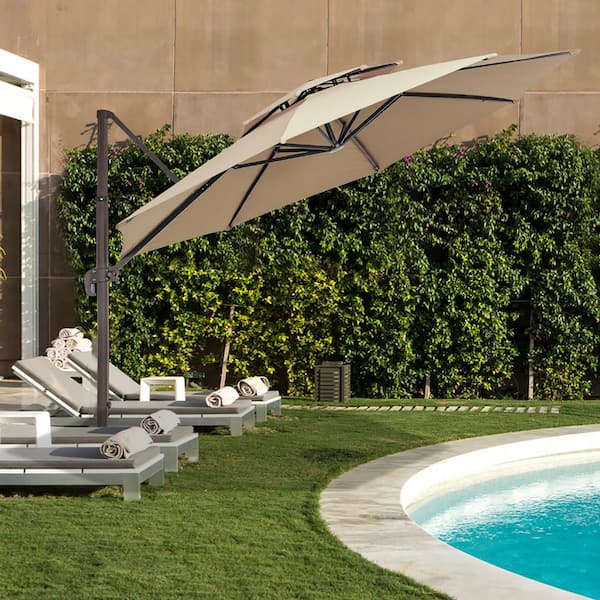 11 ft. Round Cantilever Tilt Patio Umbrella With Crank in Beige