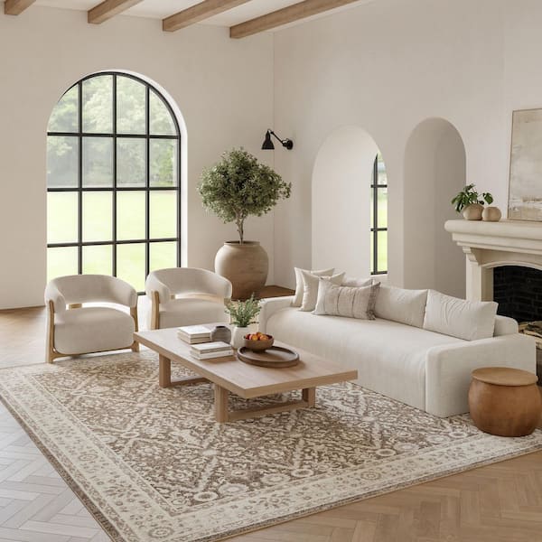 Renewed Ivory Mocha 9 ft. x 12 ft. Distressed Traditional Area Rug