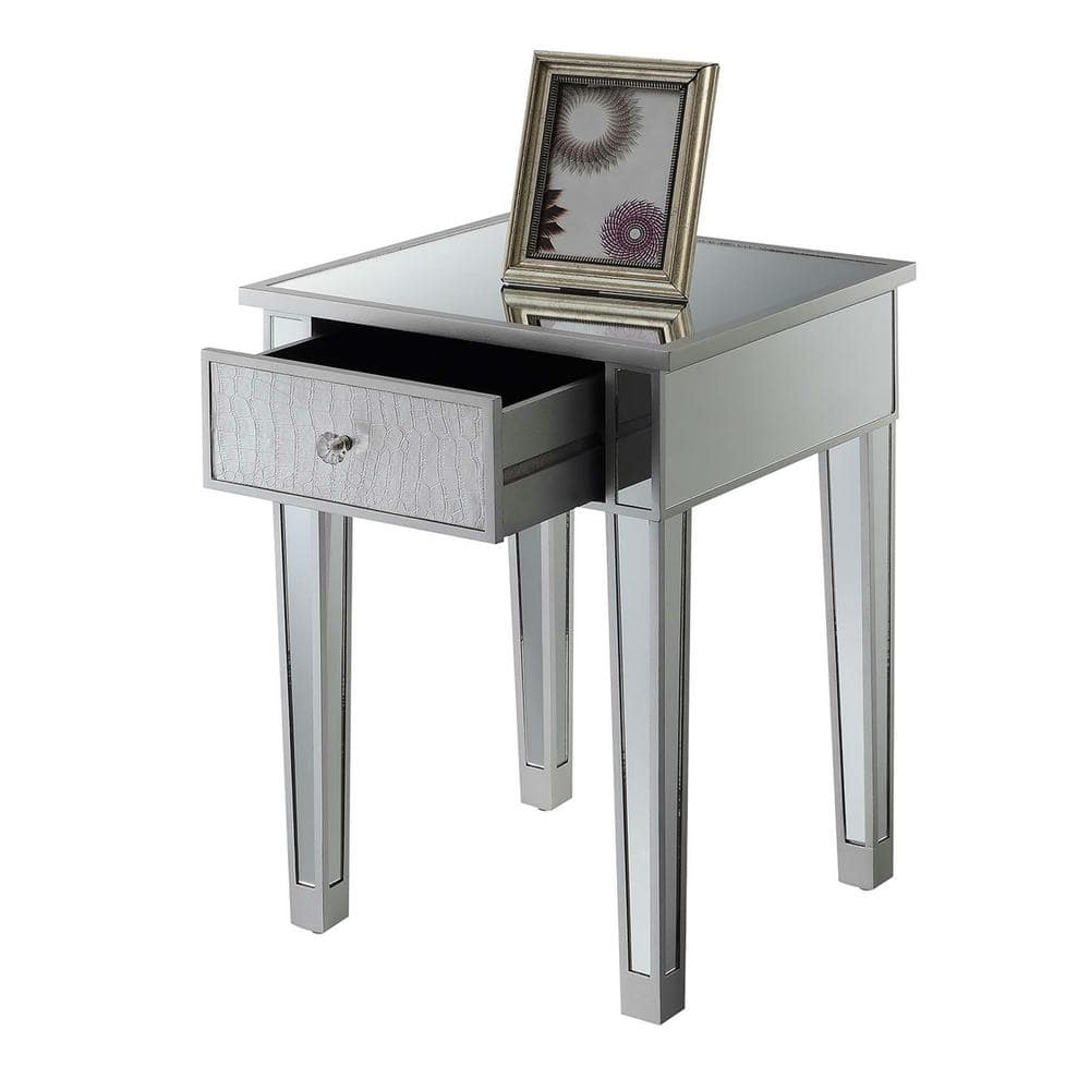 Silver Mirrored Glass and Gray Wood End Table with Drawer