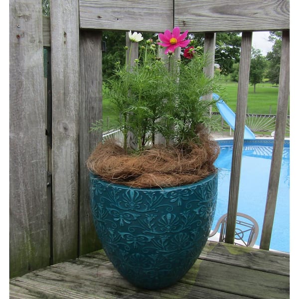 Vigoro Aurelia Medium Teal Patina Decorative High-Density Resin Planter (15  in. L x 15 in. W x 14.2 in. H) (2-Pack) US303682
