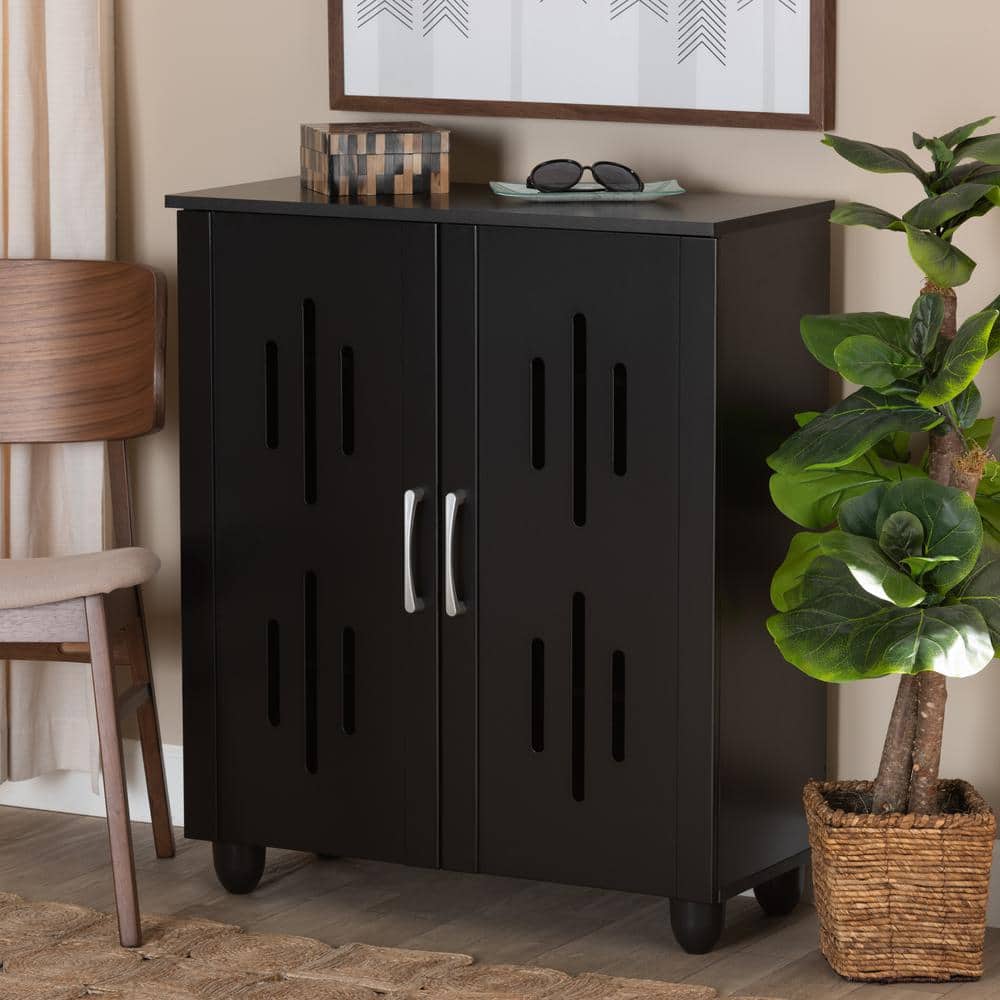 Espresso Brown Wood 2-Door Shoe Storage Cabinet with Metal Handles