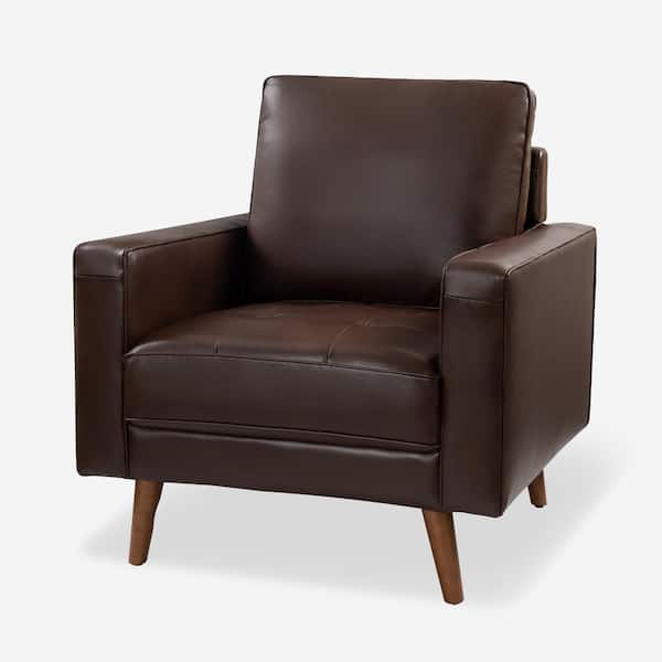 Jayden Creation Christine Mid Century Modern Genuine Leather Armchair With Wood Flared Legs 1757