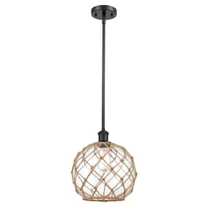 Farmhouse Rope 1-Light Matte Black Globe Pendant Light with Clear Glass with Brown Rope Glass and Rope Shade