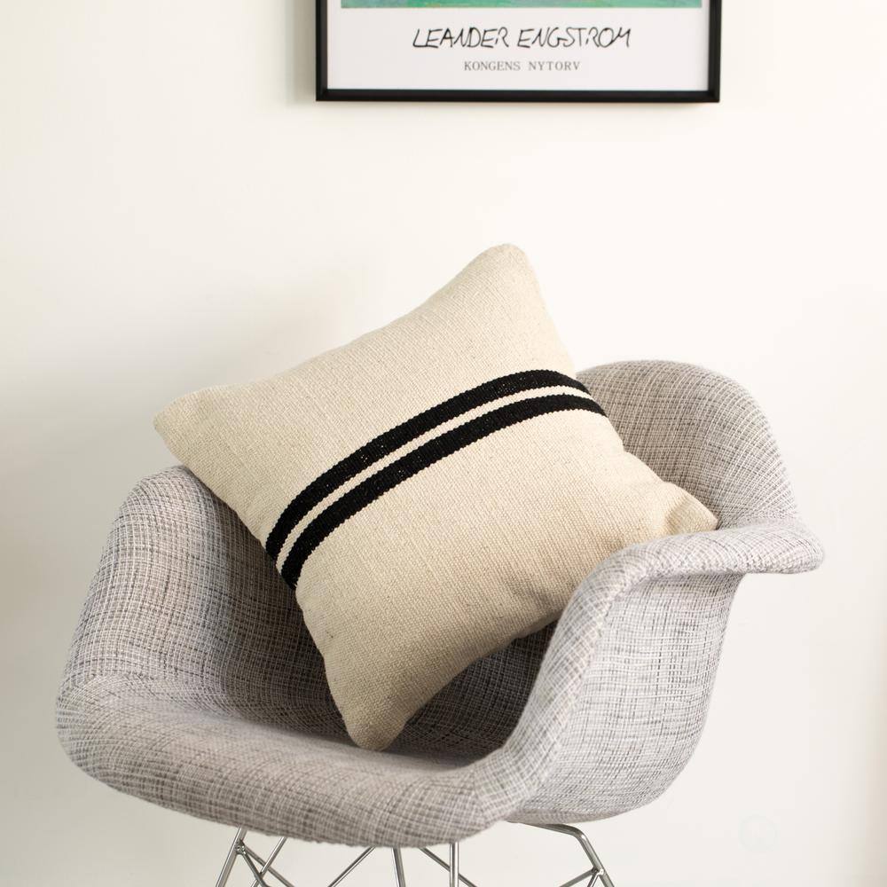 16" Handwoven Cotton Throw Pillow with Black Stripes