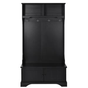 Hall Tree Entryway Bench in Black with Shelves Cabinet and 4 Hooks