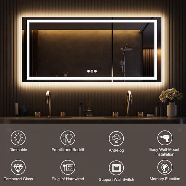 Large 60 in. W x 28 in. H Rectangular Frameless Anti-Fog LED Light Wall Bathroom Vanity Mirror with Front and Backlit