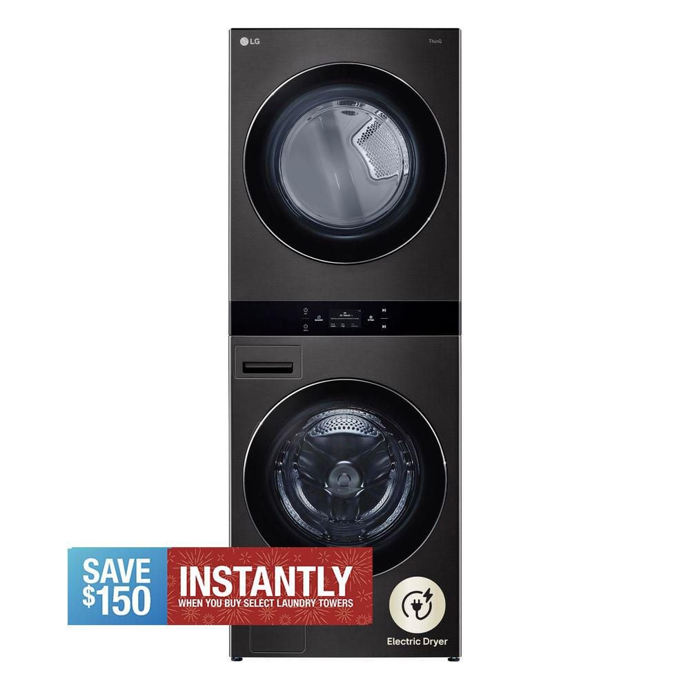 WashTower Stacked SMART Laundry Center 5.0 Cu.Ft. Front Load Washer & 7.4 Cu.Ft. Electric Dryer in Black Steel w/ Steam
