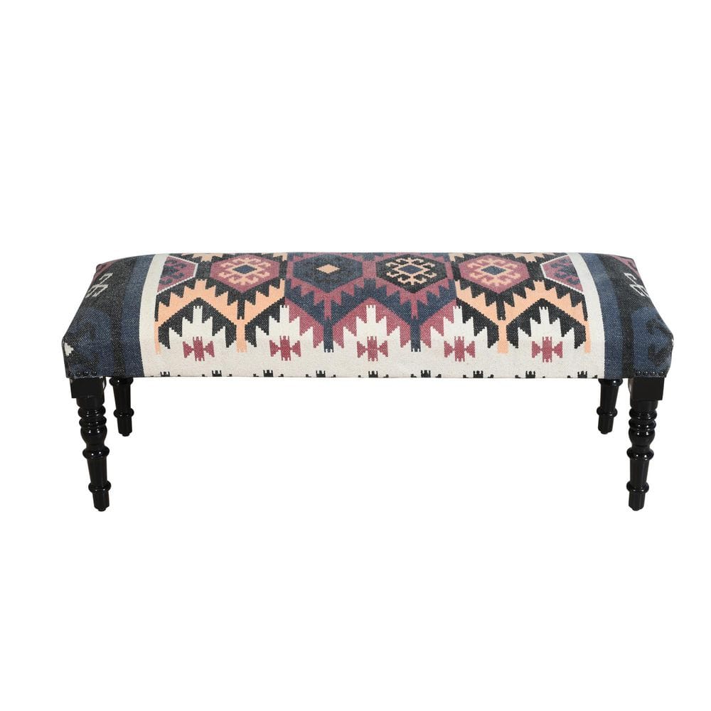 Southwestern Multicolor Fabric Upholstered Backless Bench with Wood Legs