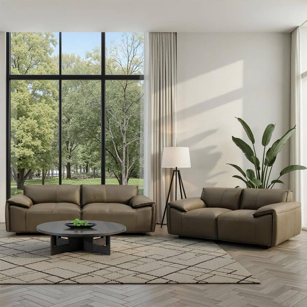 Armen Living Tanner 2-Piece Living Room Set in Khaki Top Grain