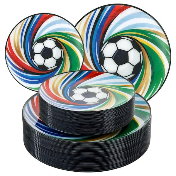 60 Piece World Cup Soccer Plastic Plates, 10.25" Dinner & 7.5" Dessert Disposable Plates for Soccer Themed Celebration