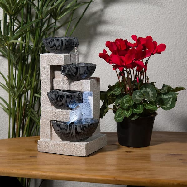 14 in. Tall Cascading Tabletop Bowl Fountain Decoration with LED Lights, Gray