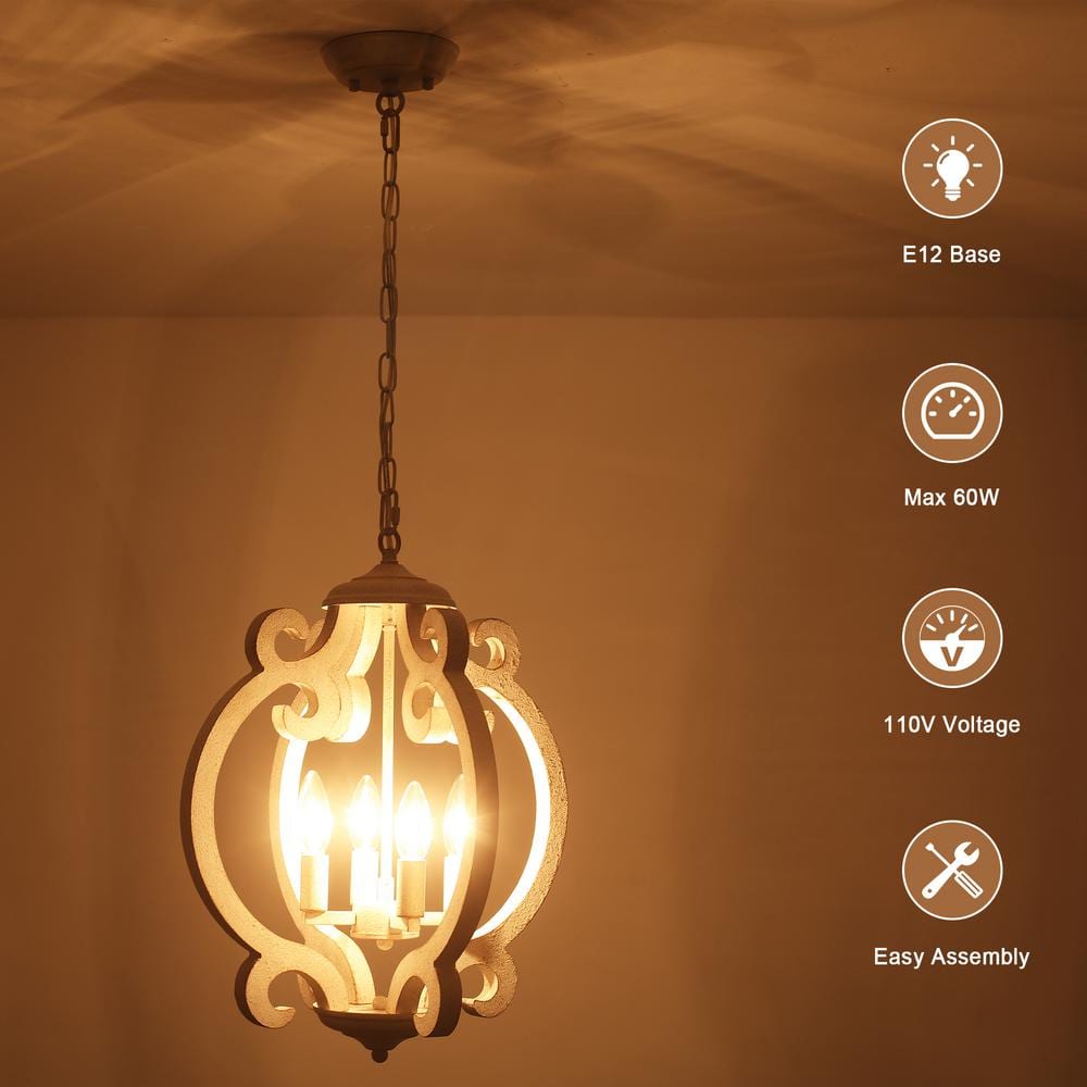 White Distressed Wood French Country Chandelier with Metal Details