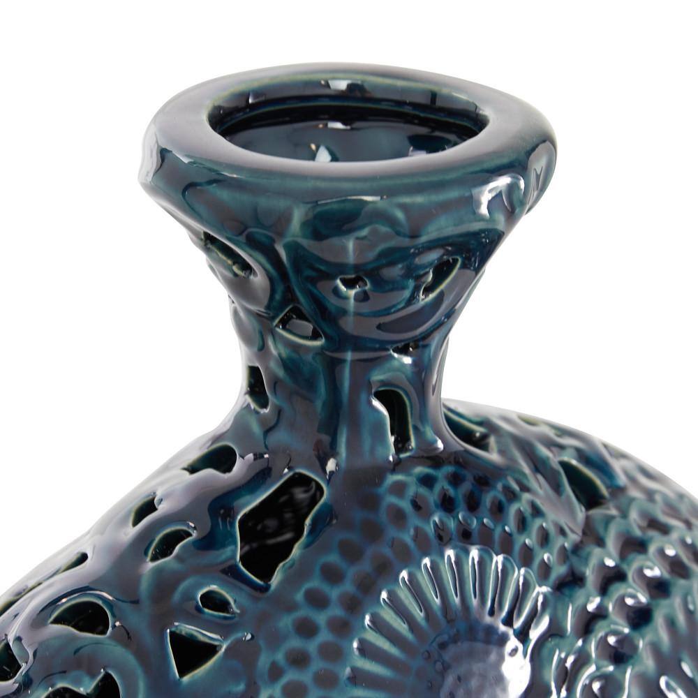 Eclectic Floral Blue Ceramic Bud Vase Set, 13" and 15.5" Height