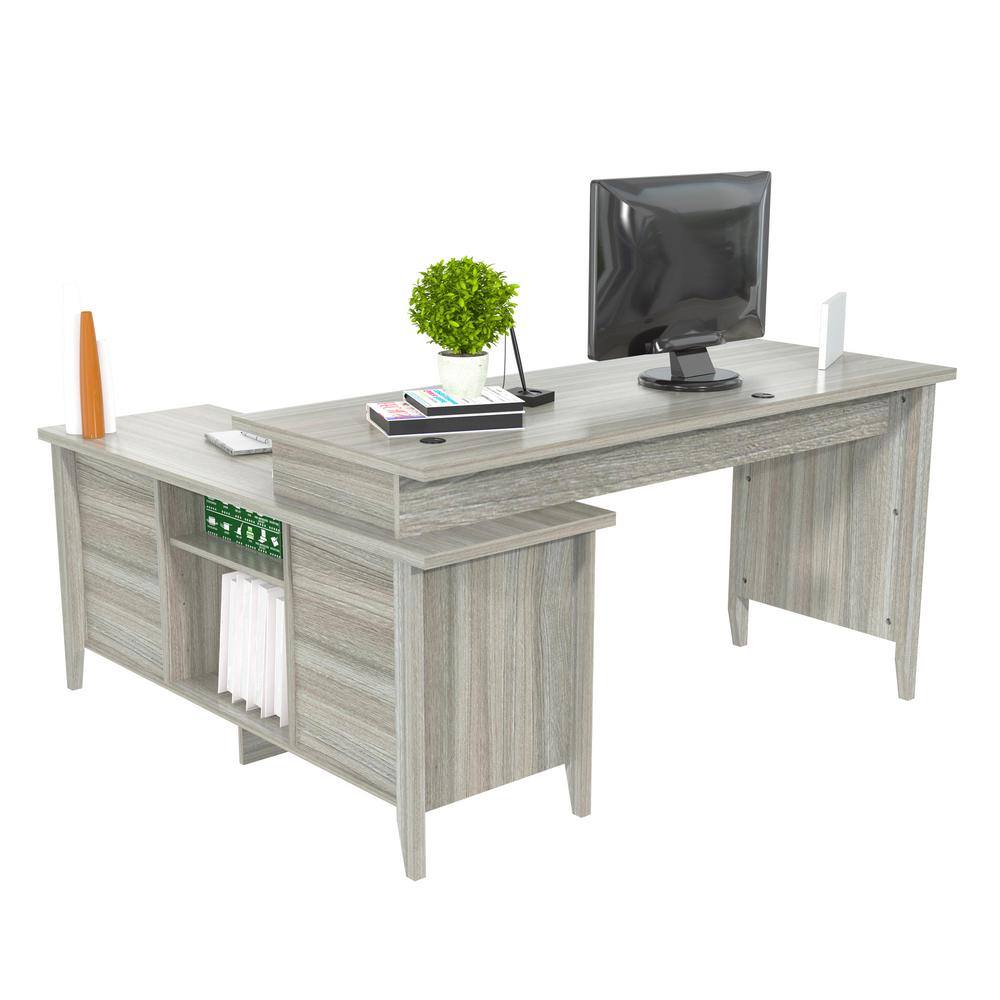 Espresso Oak L-Shaped Corner Desk with Keyboard Tray and Filing Cabinet