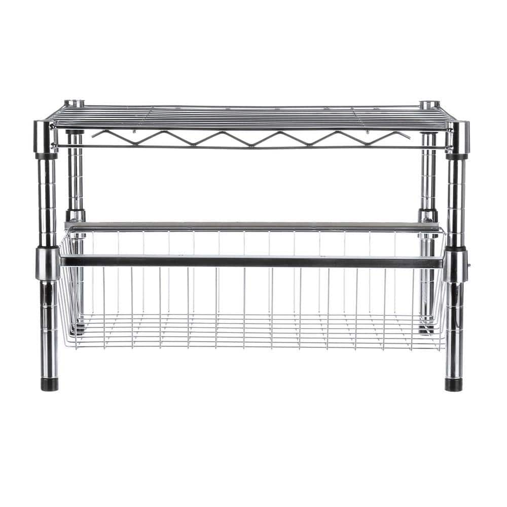 Expandable Chrome Stacking Cabinet Organizer with Pull-Out Basket