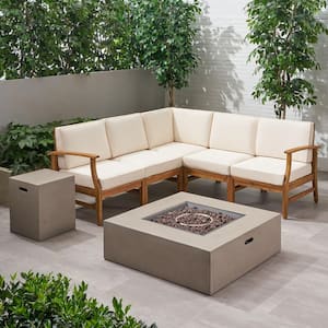 Illona Teak Brown 8-Piece Wood Patio Fire Pit Sectional Seating Set with Cream Cushion