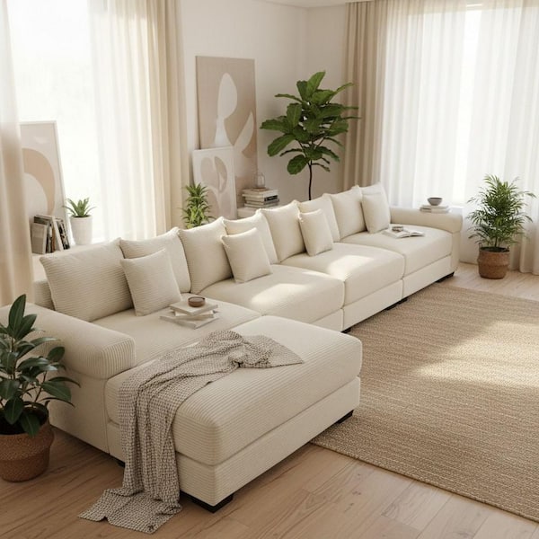 Homy Casa ZJBCDL 167.6 in. Straight Arm 5-Piece Corduroy Modular Sectional Sofa with Ottoman and Ergonomic Design in Creamy Beige