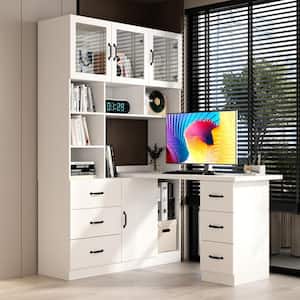 55.1 in. L-Shaped White Wood Computer Desk Office Home Working Writing Desk with Bookcase, Glass Door Cabinets, Drawers