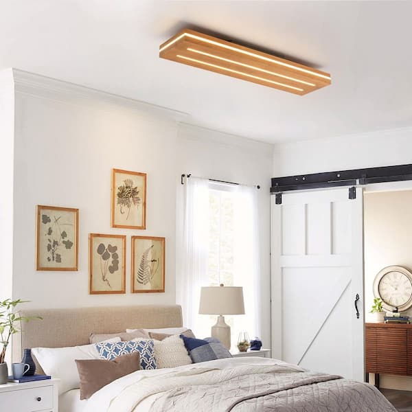 Ryan 31.5 in. Farmhouse Brown Rectangular Wood LED Flush Mount Ceiling Light